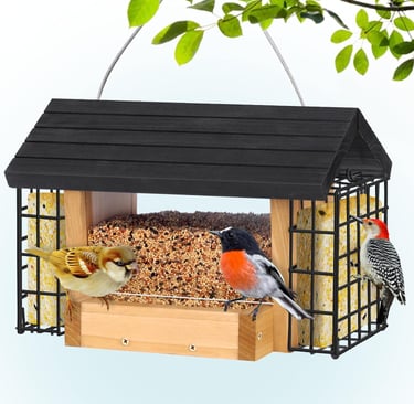 Wooden bird feeder with suet cages and wild birds feeding on mixed seeds.