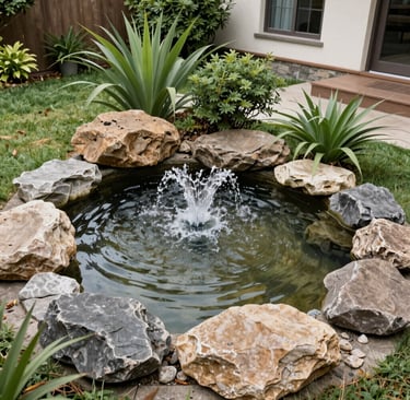 Stone mushroom garden ornaments with ferns and wall