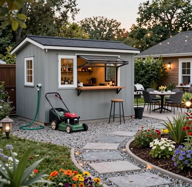 A cozy backyard garden shed with warm lighting, gravel path, and outdoor patio dining area.