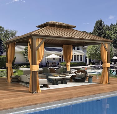 Modern hardtop gazebo with yellow privacy curtains and patio furniture on a poolside deck.