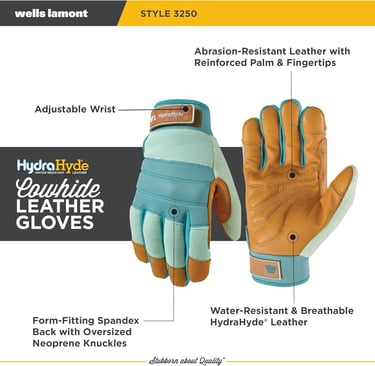 Wells Lamont HydraHyde water-resistant cowhide leather work gloves with reinforced palm and spandex back.