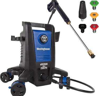 Westinghouse ePX3500 electric pressure washer with spray gun and five nozzle tips.