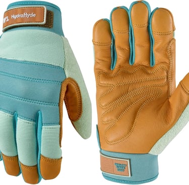 Durable HydraHyde water-resistant leather work gloves for women in teal and tan.