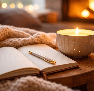 Cozy evening with candle and journal