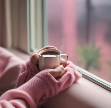 A softly lit evening scene with a steaming cup of tea next to an open journal and a flickering candle on a wooden table.