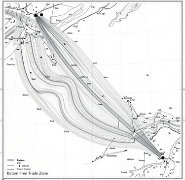 A high-resolution technical maritime chart showing shipping lanes around Batam Free Trade Zone, clean slate-grey lines on white background, precise coordinates, neutral daylight.