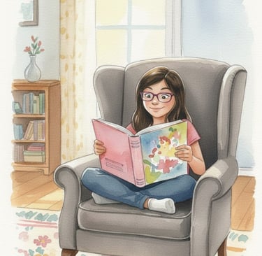 Young student reading a book in a comfortable chair, representing independent reading and literacy learning.