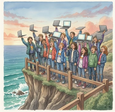 A group of cheerful students holding their laptops on a sea bluff