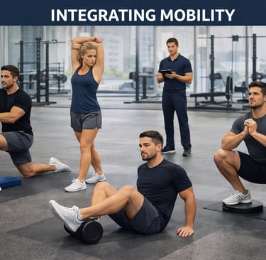 a group of people doing different exercises on a gym floor