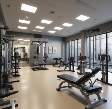 a gym room with a lot of equipment and a lot of windows