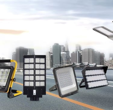 A collection of outdoor solar LED street lights and floodlights displayed against a city skyline backdrop.