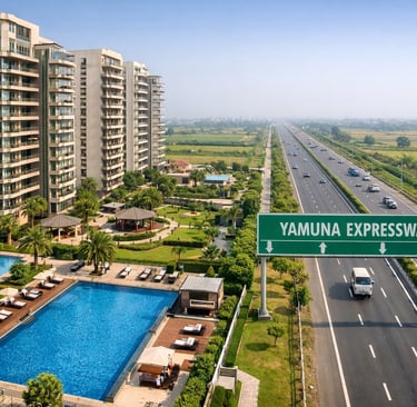 Luxury residential apartments with a swimming pool next to the Yamuna Expressway in Greater Noida.