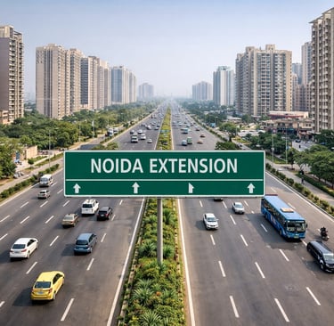 A wide multi-lane highway in Noida Extension featuring heavy traffic and modern high-rise residential buildings.