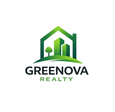 Greenova Realty logo featuring a green house outline over a city skyline and tree on a black background.
