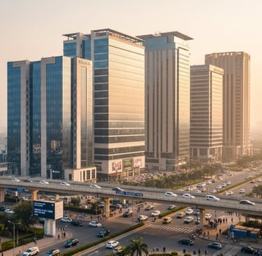 Modern corporate skyscrapers and glass office buildings in Gurgaon skyline with city traffic at dusk.
