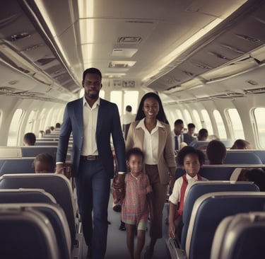 Smiling clients celebrating their approved visas with Global Fly team in an international setting.