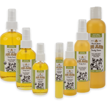 A collection of natural unscented Pure Jojoba oil bottles in various sizes for face and body moisturizing skincare.
