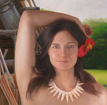 Portrait painting of a woman wearing a shell necklace and red hibiscus flower in her hair.
