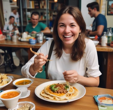 Happy customer smiling while holding a warm pupusa wrapped in paper at the restaurant counter.