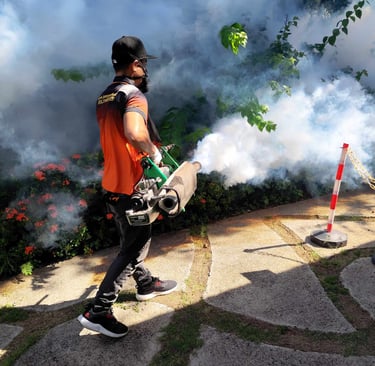 A pest control worker using a thermal fogging machine to spray insecticide smoke in a residential garden.