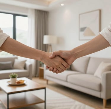handshake in a Bright living room with modern inventory