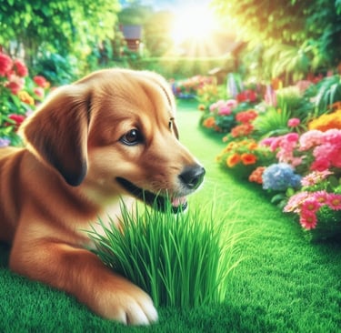 perro comiendo pasto