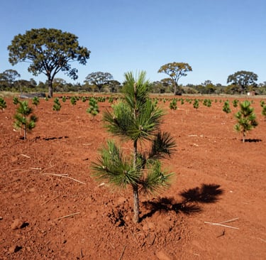 Young pine tree saplings growing in a reforestation project.