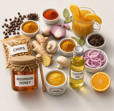 Mushrooms, honey, castor oil, spices, ginger, onions and snacks for export business