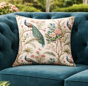 Elegant peacock and floral print decorative throw pillow on a tufted teal velvet sofa.