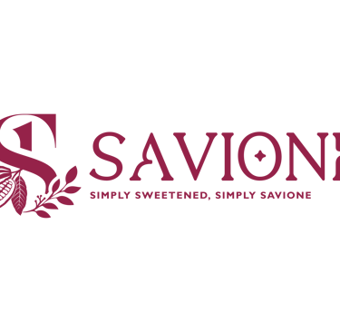 Savione logo with maroon cocoa bean illustration and company slogan on a black background.