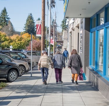 People walking downtown Winslow on Bainbridge Island 