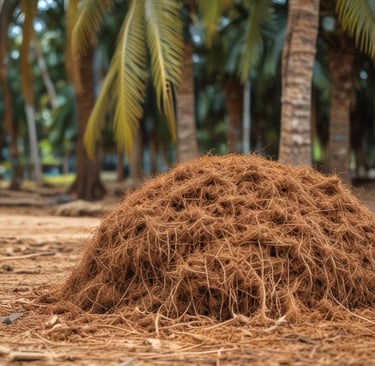 Coir fibers from coconuts neatly stacked, highlighting their natural texture.
