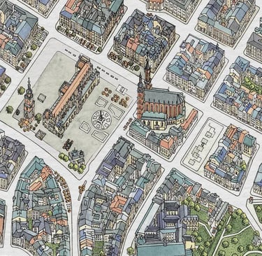 Hand-drawn city map of Kraków, Poland, detail by deliaMAPS
