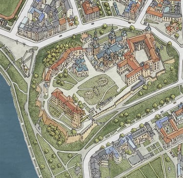Hand-drawn city map of Kraków, detail, by deliaMAPS