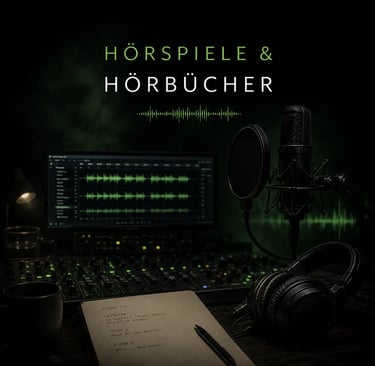 Professionelles Tonstudio-Setup für Hörspiele und Hörbücher mit hochwertigem Mikrofon