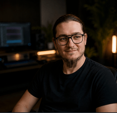 Lächelnder männlicher Musikproduzent mit Brille in einem professionellen Heimstudio für Sound Design