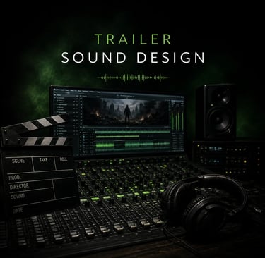Professionelles Trailer-Sounddesign-Studio mit digitaler Audio-Workstation, Mischpult und Studio