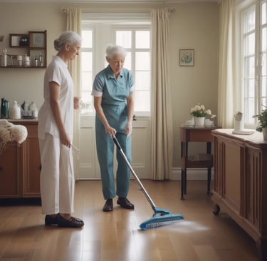 A clean and organized living room with soft lighting, designed for elderly comfort