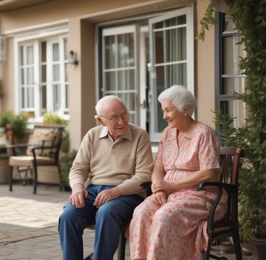 An elderly man smiling while a professional nurse adjusts his blanket in a bright room