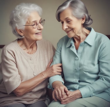 Elderly woman smiling gently while a caregiver assists her at home, warm natural light.