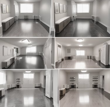 A sparkling clean modern office lobby with polished floors and fresh plants.