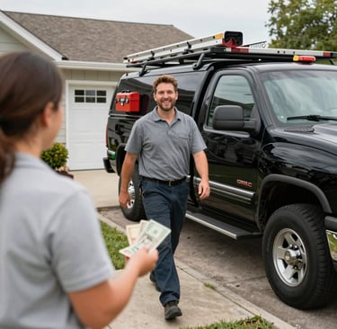 A smiling service technician in a gray uniform walks toward a customer holding cash near his black work truck.