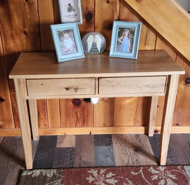 white oak hall/ entry table. 2 full extension soft close drawers