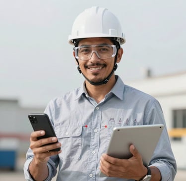 A professional technician inspecting fire protection systems in an industrial setting.