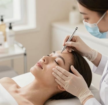 A close-up professional skin analysis consultation in a bright, modern aesthetic room with warm beige tones, soft natural daylight, sharp focus, shallow depth of field.