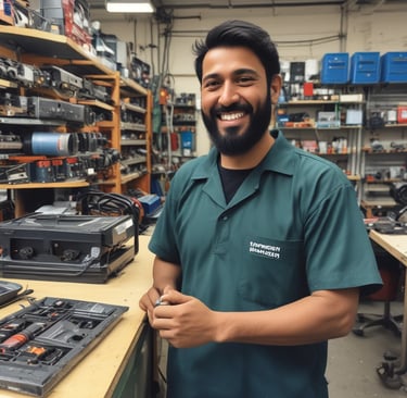 Happy customer holding a diagnostic tool in a bright, modern auto workshop.