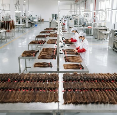 Crisp industrial photography of a clean factory floor, raw hair bundles organized on long steel tables, bright high-key lighting, red accents, sharp focus, 35mm lens