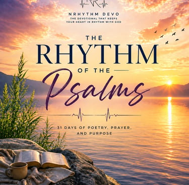 “Devotional image for The Rhythm of the Psalms with a sunrise over a lake, open book, and mug”
