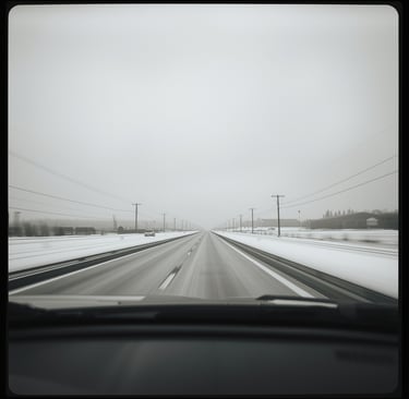a car driving down a snowy road