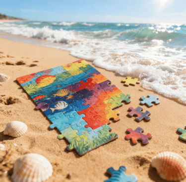 There has an unfinished jigsaw puzzle and some seashells on the beach.
